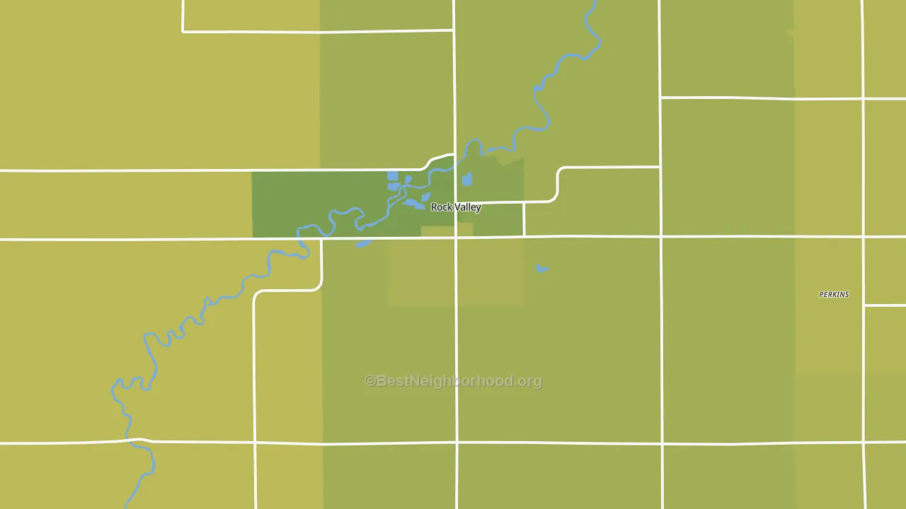 Map of the best neighborhoods in the Rock Valley area, with better matches in green and worse matches in red