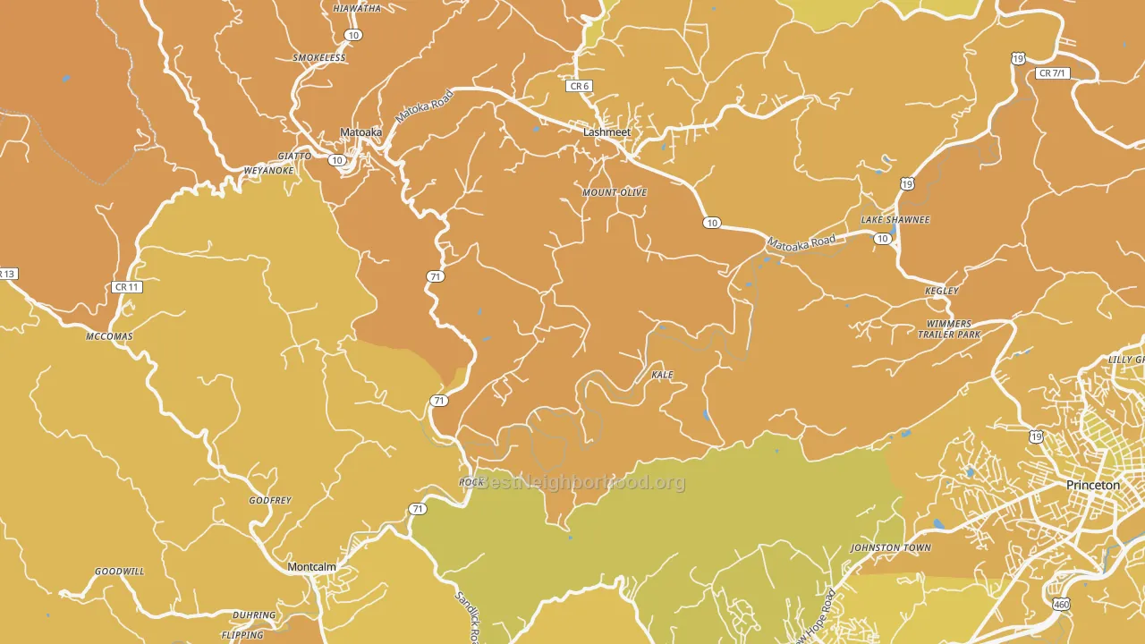Map of the best neighborhoods in the Rock area, with better matches in green and worse matches in red