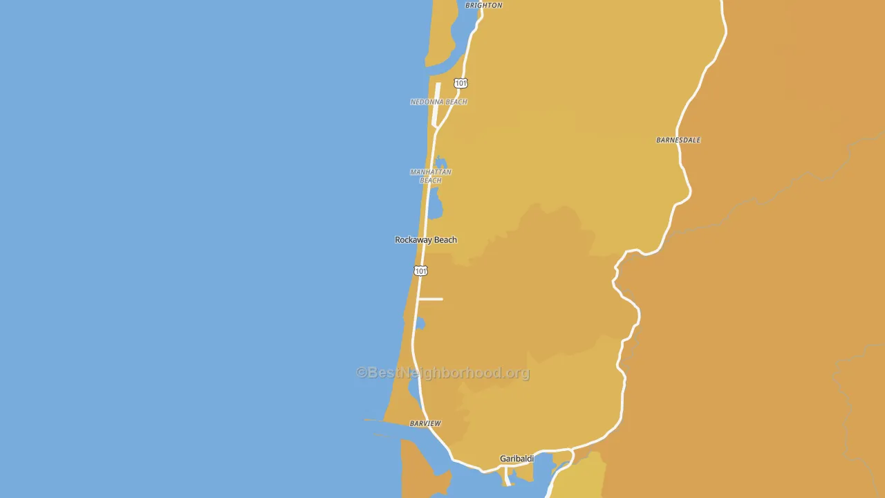 Map of the best neighborhoods in the Rockaway Beach area, with better matches in green and worse matches in red