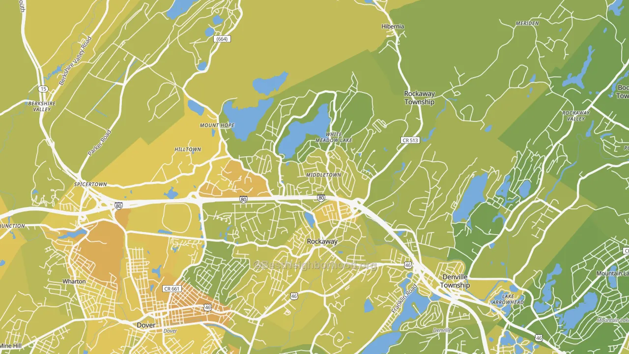Map of the best neighborhoods in the Rockaway area, with better matches in green and worse matches in red