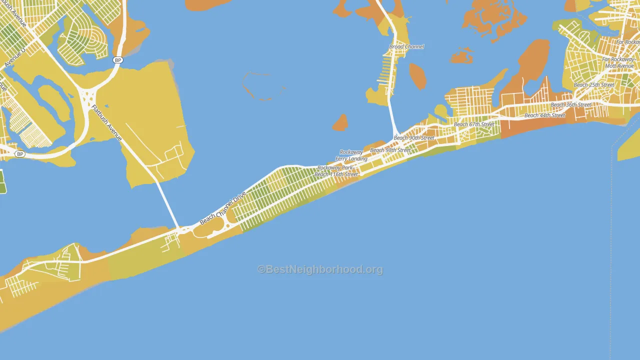 Map of the best neighborhoods in the Rockaway Park, Queens area, with better matches in green and worse matches in red