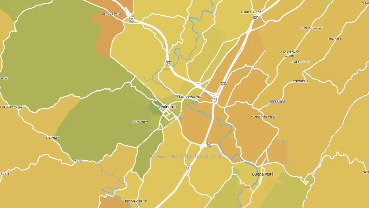 Map of the best neighborhoods in the Rockbridge County area, with better matches in green and worse matches in red