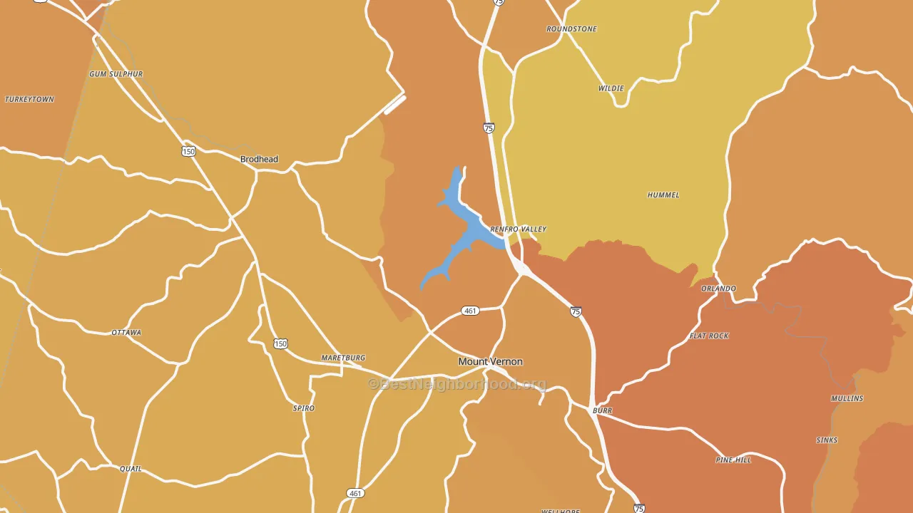 Map of the best neighborhoods in the Rockcastle County area, with better matches in green and worse matches in red