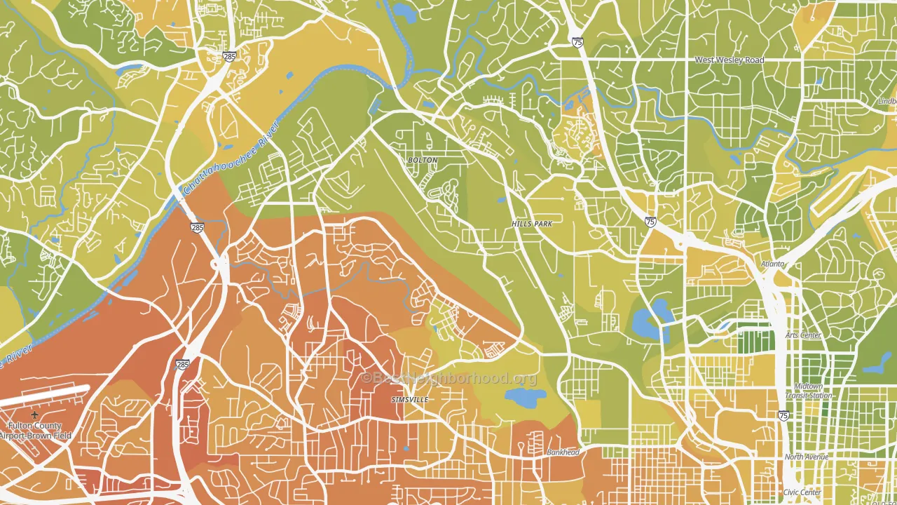 Map of the best neighborhoods in the Rockdale, Atlanta area, with better matches in green and worse matches in red