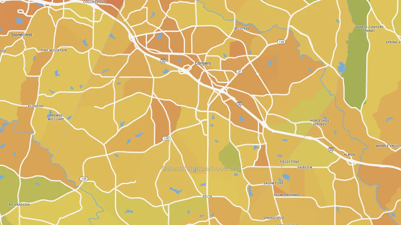 Map of the best neighborhoods in the Rockdale County area, with better matches in green and worse matches in red