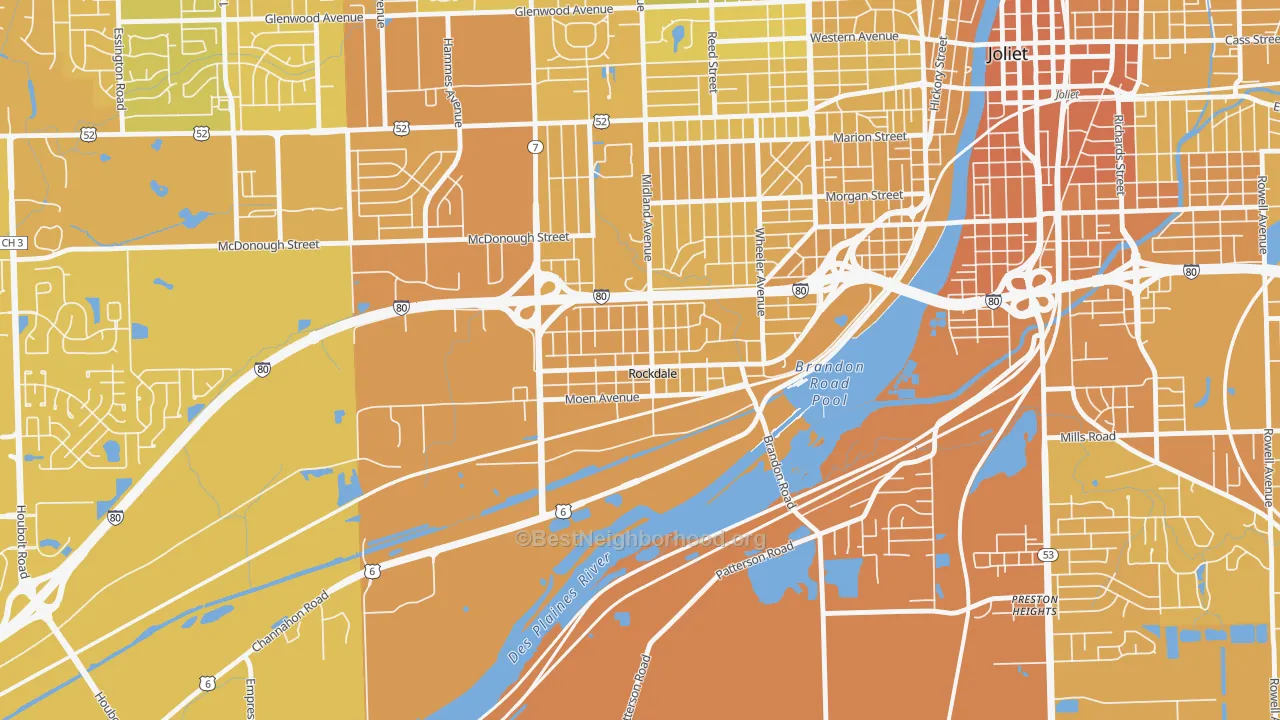 Map of the best neighborhoods in the Rockdale area, with better matches in green and worse matches in red
