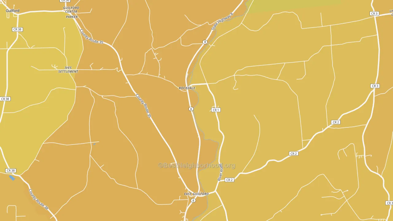 Map of the best neighborhoods in the Rockdale area, with better matches in green and worse matches in red