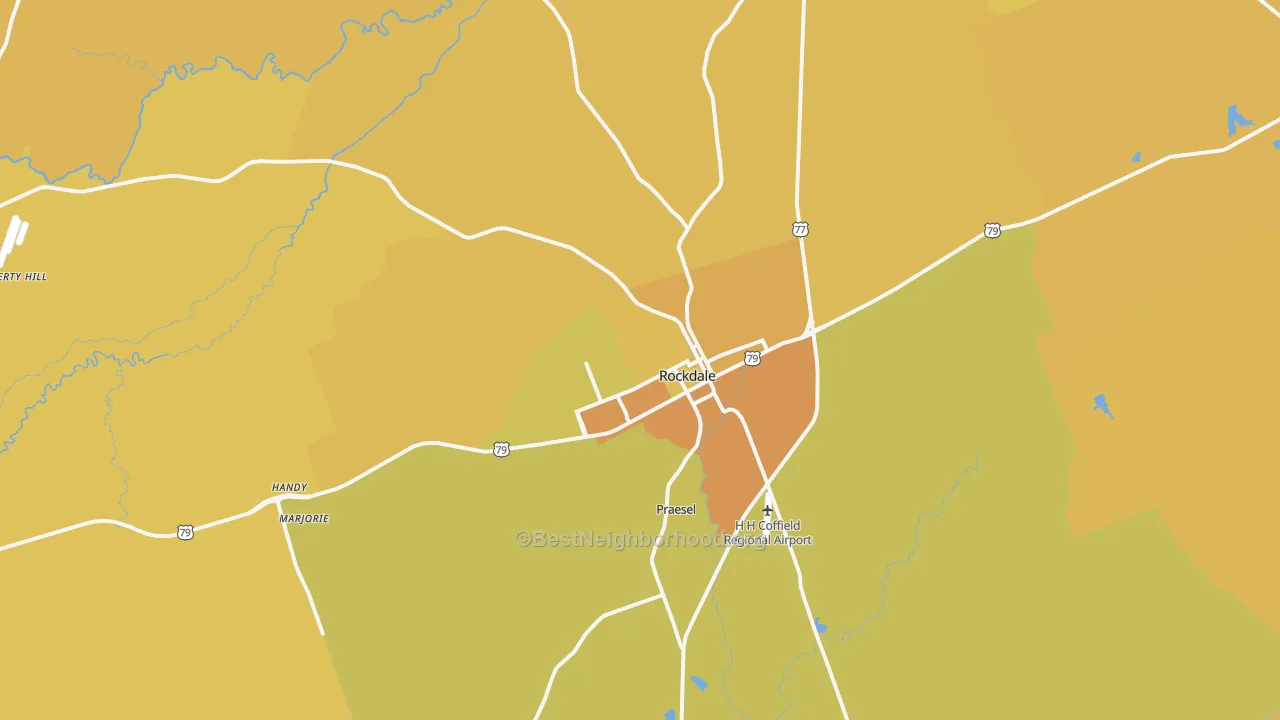 Map of the best neighborhoods in the Rockdale area, with better matches in green and worse matches in red
