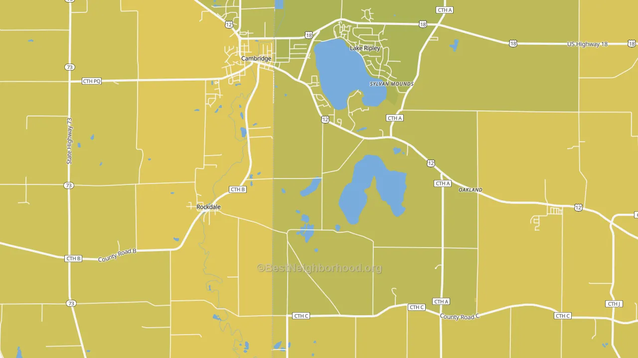 Map of the best neighborhoods in the Rockdale area, with better matches in green and worse matches in red