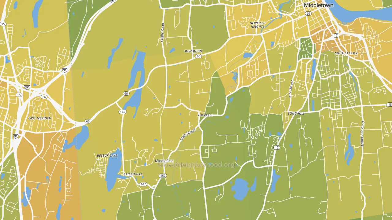 Map of the best neighborhoods in the Rockfall area, with better matches in green and worse matches in red