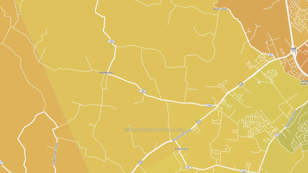 Map of the best neighborhoods in the Rockfield area, with better matches in green and worse matches in red
