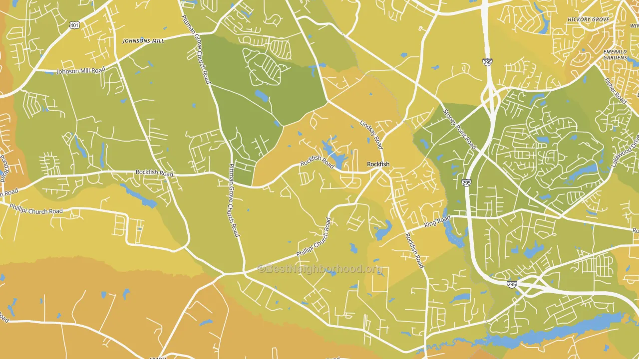 Map of the best neighborhoods in the Rockfish, Raeford area, with better matches in green and worse matches in red