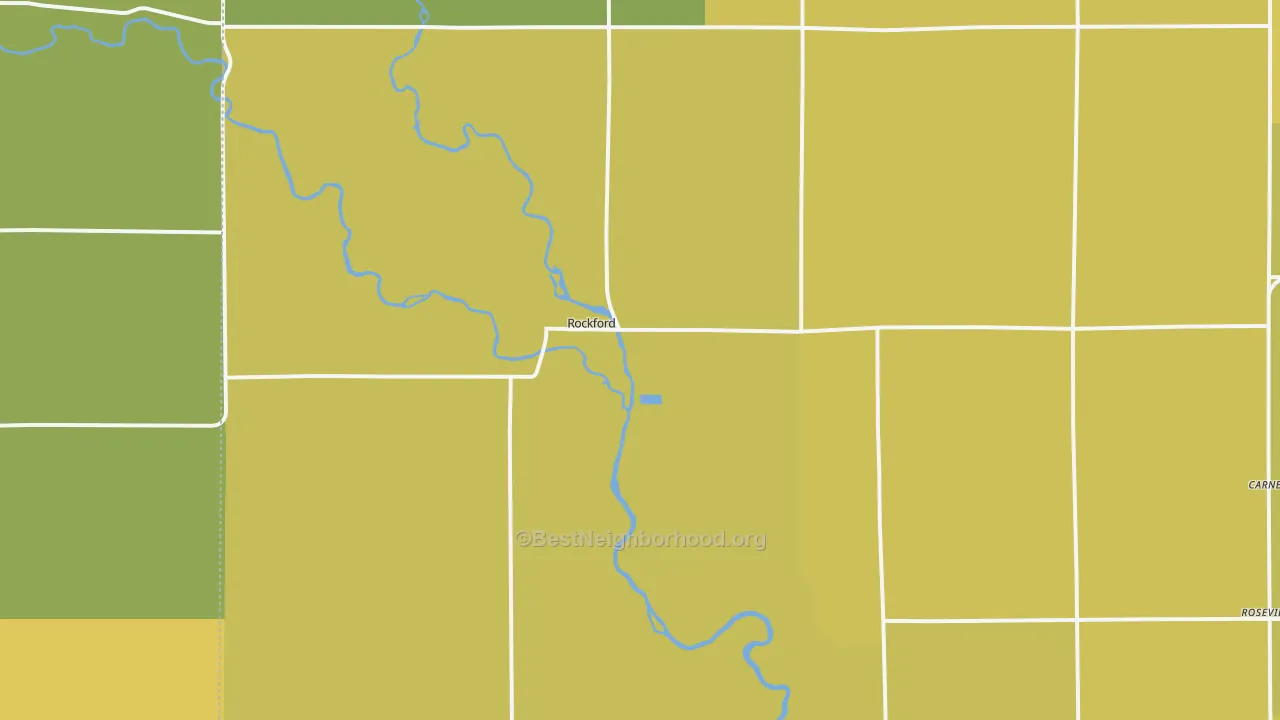 Map of the best neighborhoods in the Rockford area, with better matches in green and worse matches in red