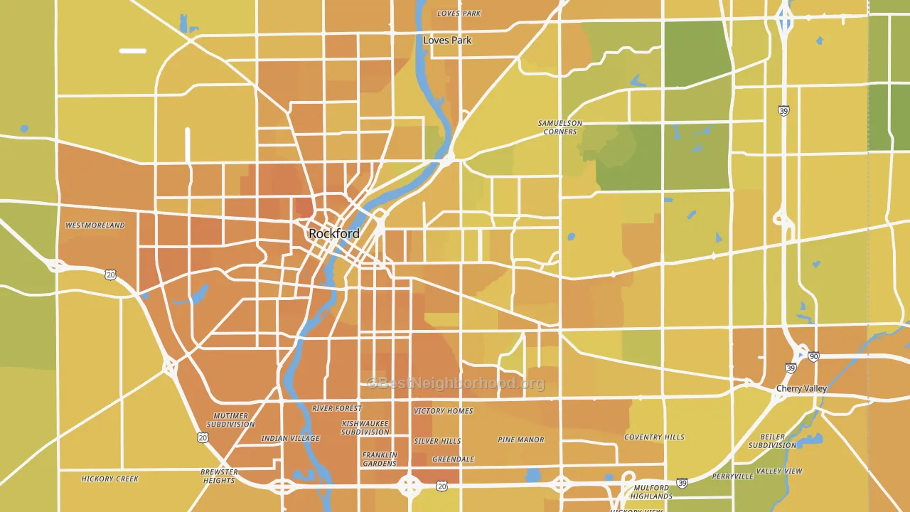Map of the best neighborhoods in the Rockford Metro area, with better matches in green and worse matches in red