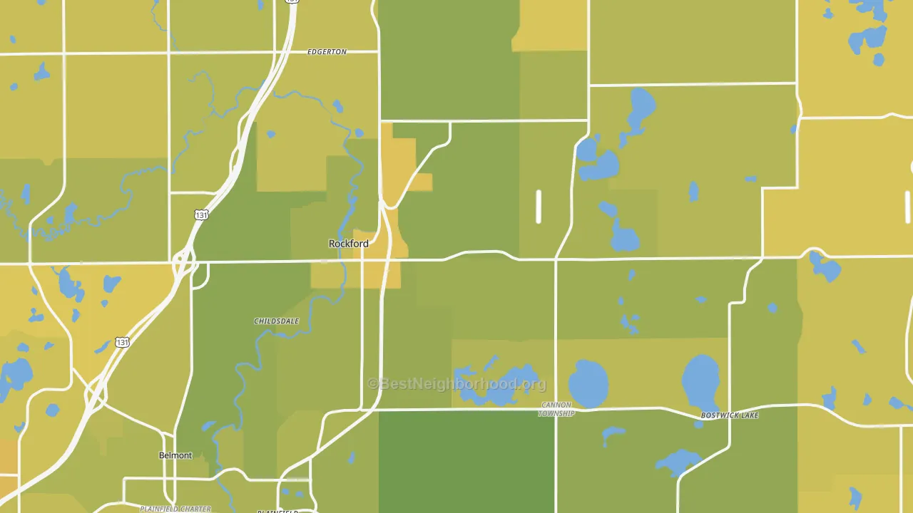 Map of the best neighborhoods in the Rockford area, with better matches in green and worse matches in red