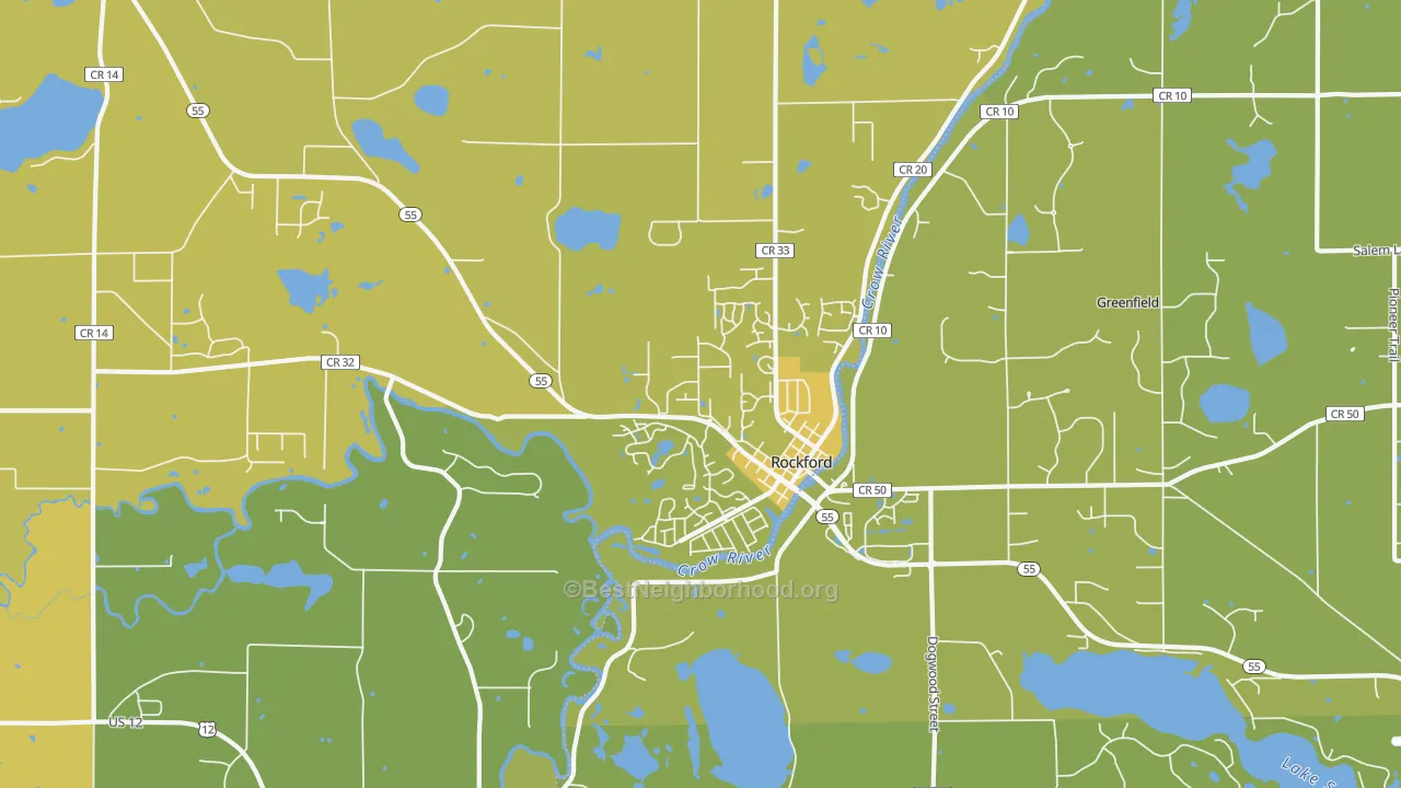 Map of the best neighborhoods in the Rockford area, with better matches in green and worse matches in red