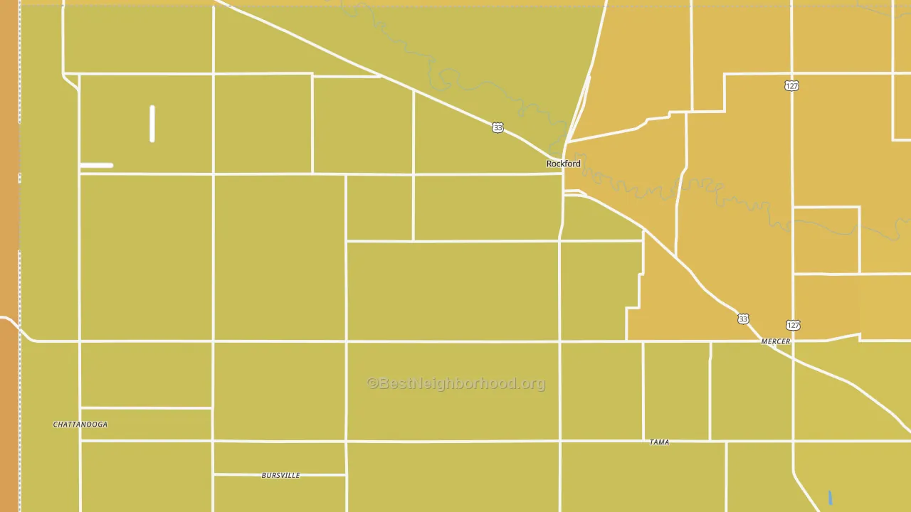 Map of the best neighborhoods in the Rockford area, with better matches in green and worse matches in red