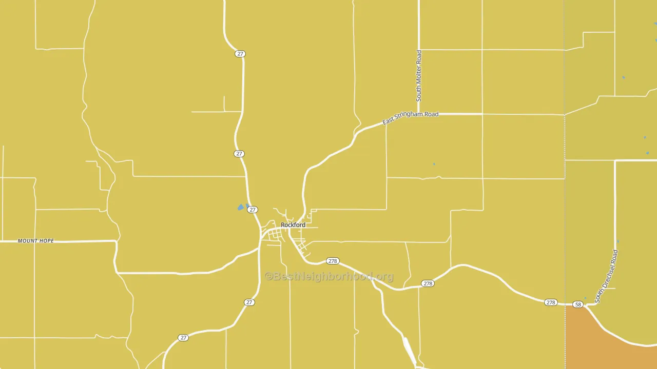 Map of the best neighborhoods in the Rockford area, with better matches in green and worse matches in red