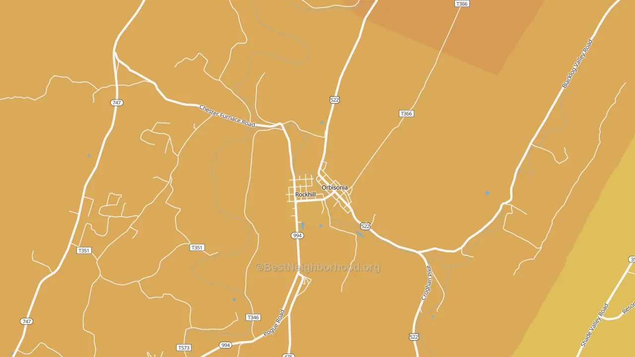 Map of the best neighborhoods in the Rockhill Furnace area, with better matches in green and worse matches in red