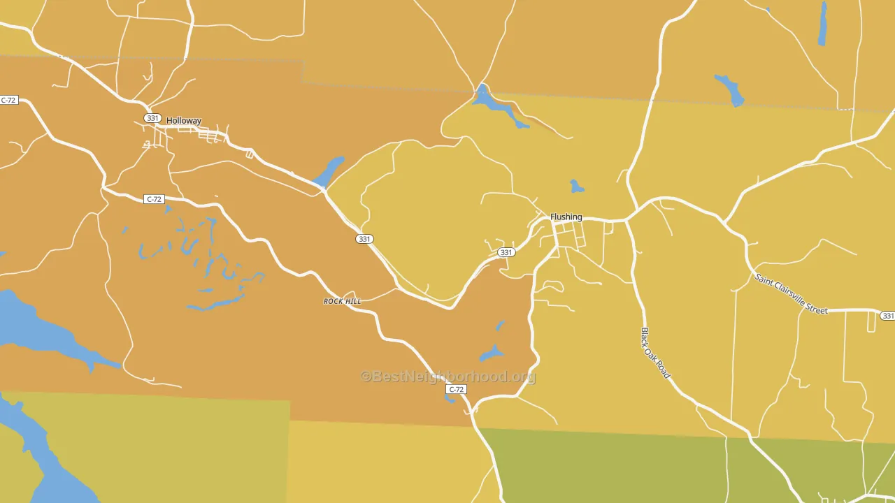 Map of the best neighborhoods in the Rockhill area, with better matches in green and worse matches in red
