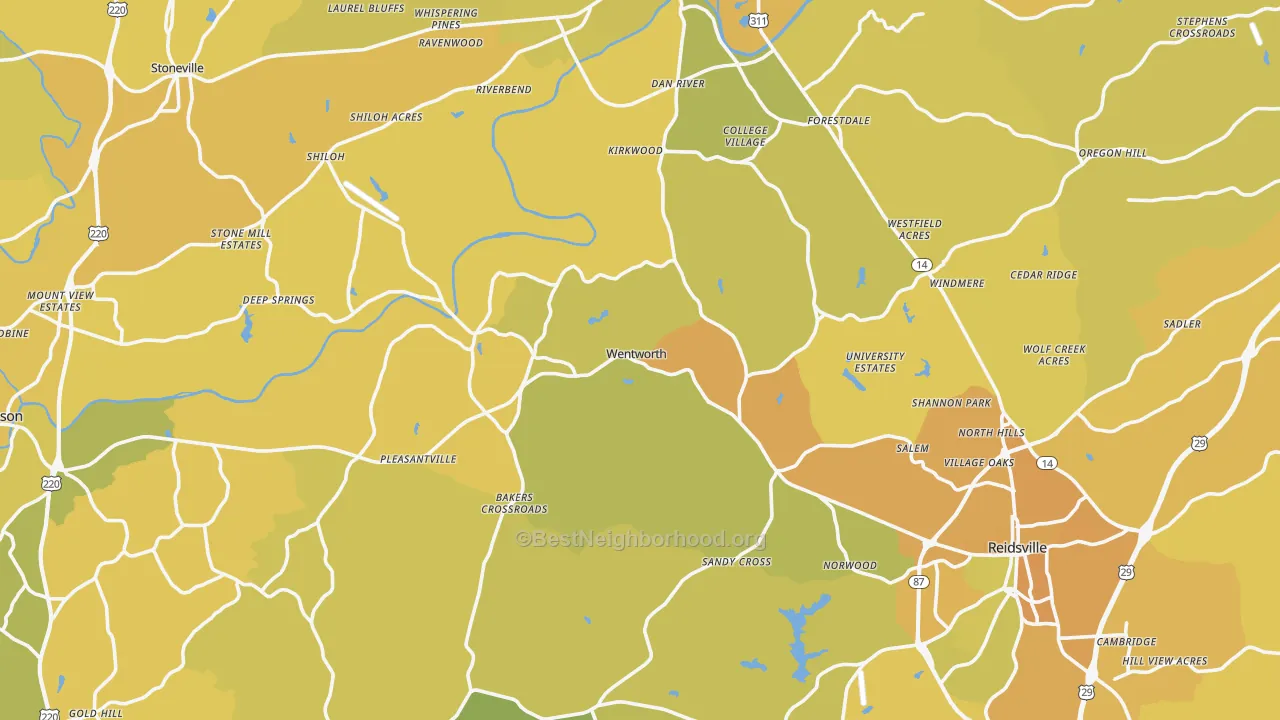 Map of the best neighborhoods in the Rockingham County area, with better matches in green and worse matches in red