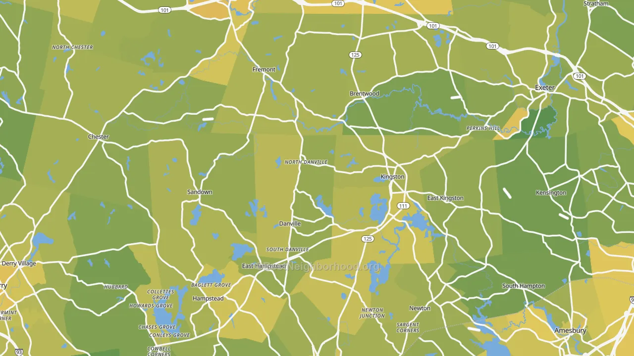 Map of the best neighborhoods in the Rockingham County area, with better matches in green and worse matches in red