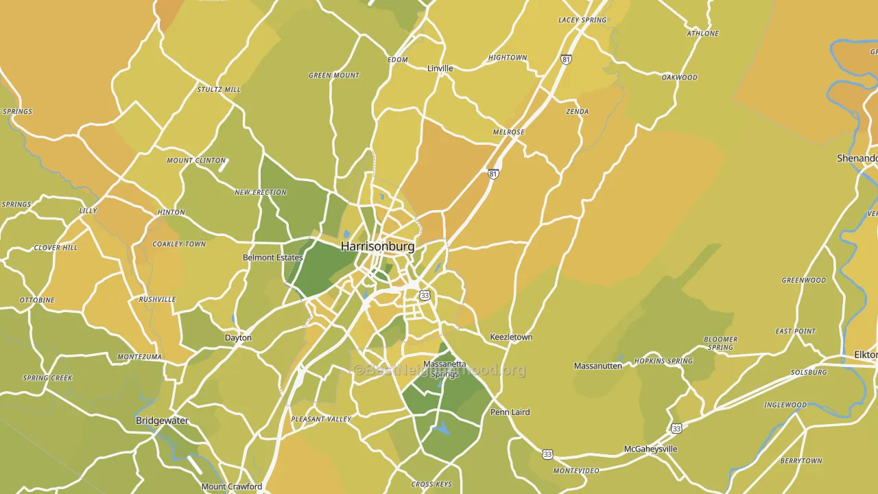 Map of the best neighborhoods in the Rockingham County area, with better matches in green and worse matches in red