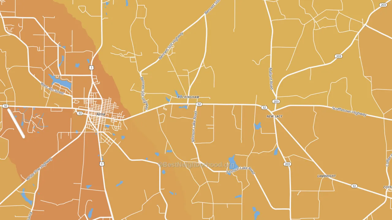 Map of the best neighborhoods in the Rockingham area, with better matches in green and worse matches in red