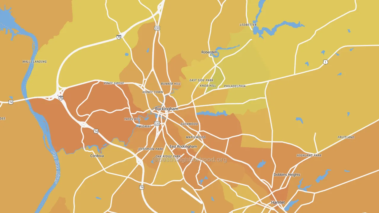 Map of the best neighborhoods in the Rockingham area, with better matches in green and worse matches in red