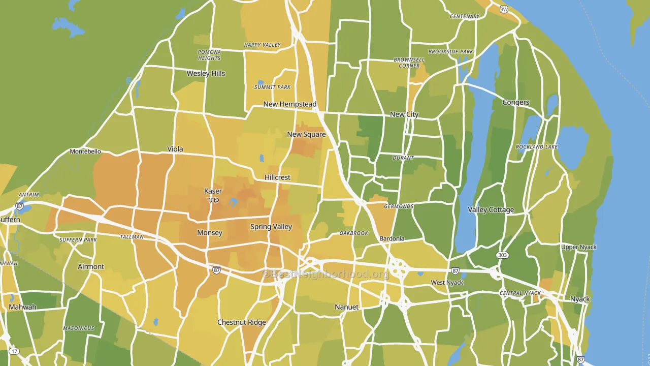 Map of the best neighborhoods in the Rockland County area, with better matches in green and worse matches in red