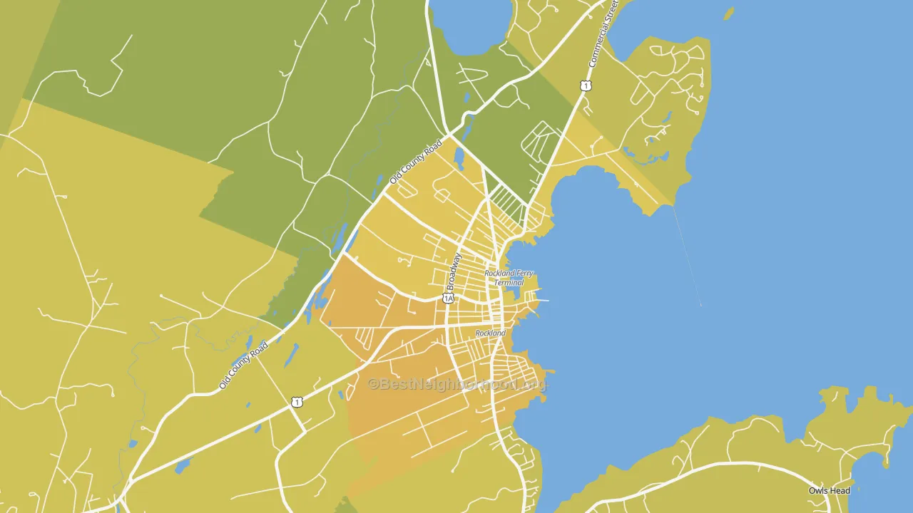 Map of the best neighborhoods in the Rockland area, with better matches in green and worse matches in red
