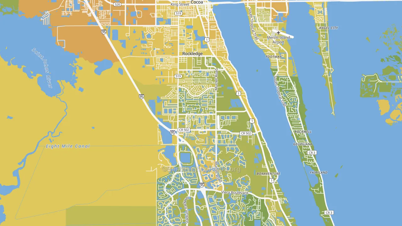 Map of the best neighborhoods in the Rockledge area, with better matches in green and worse matches in red