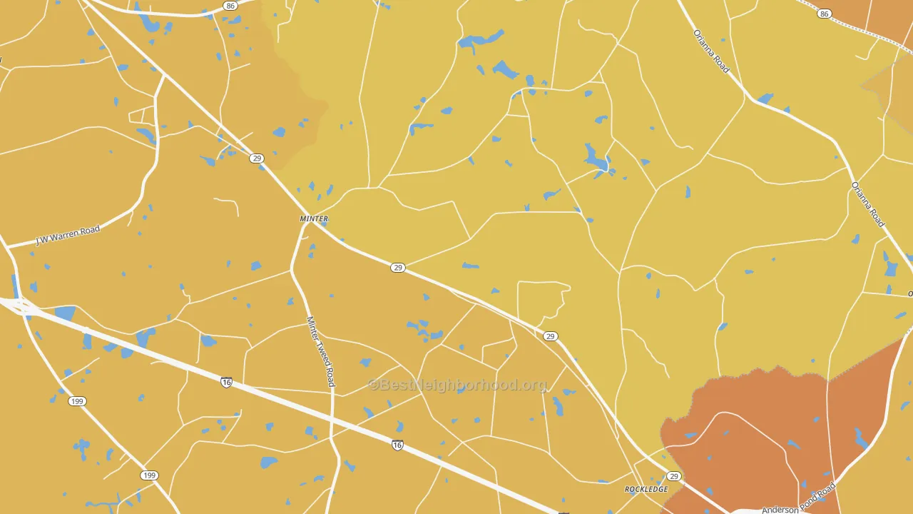 Map of the best neighborhoods in the Rockledge area, with better matches in green and worse matches in red