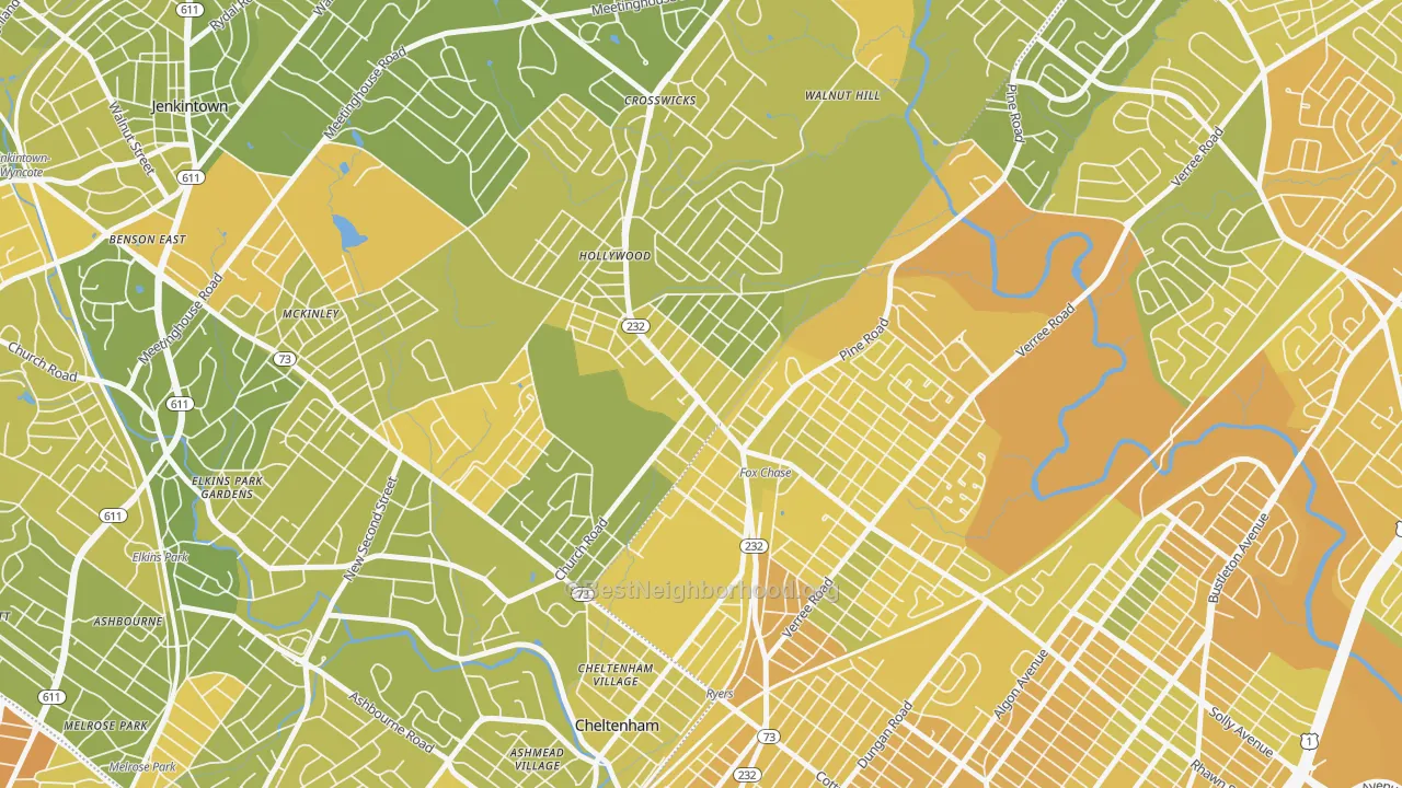 Map of the best neighborhoods in the Rockledge area, with better matches in green and worse matches in red