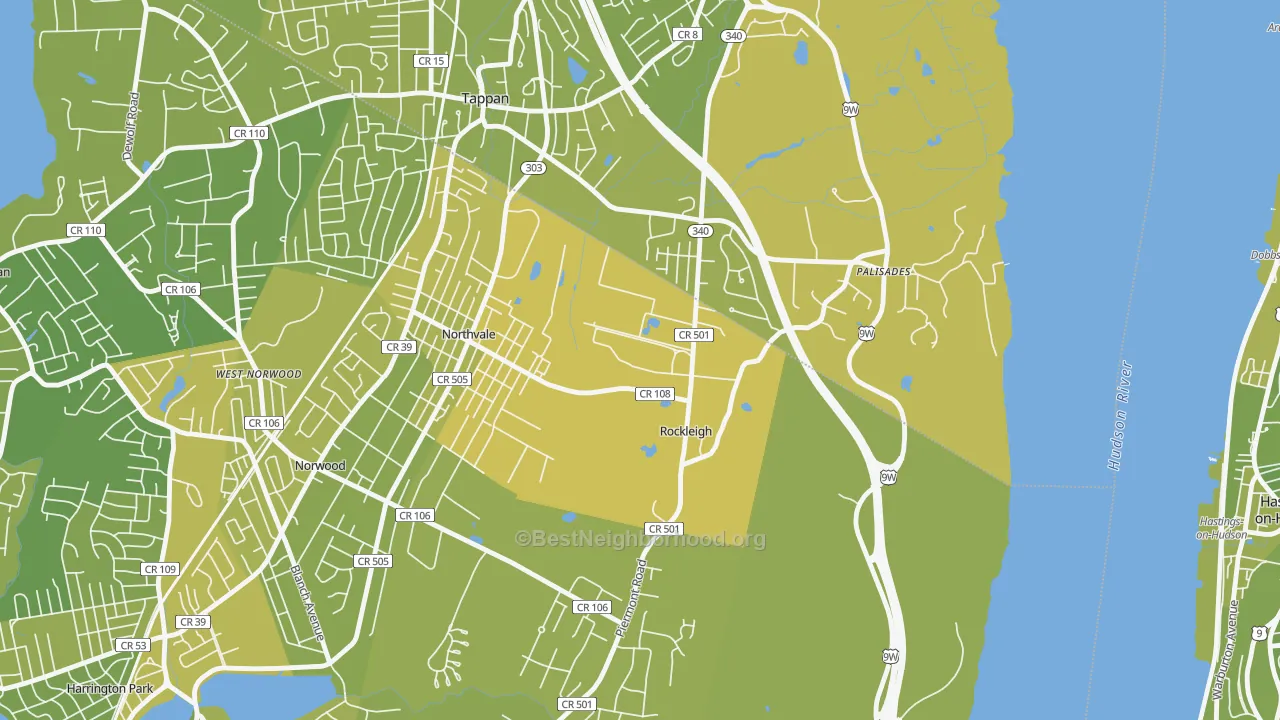 Map of the best neighborhoods in the Rockleigh area, with better matches in green and worse matches in red