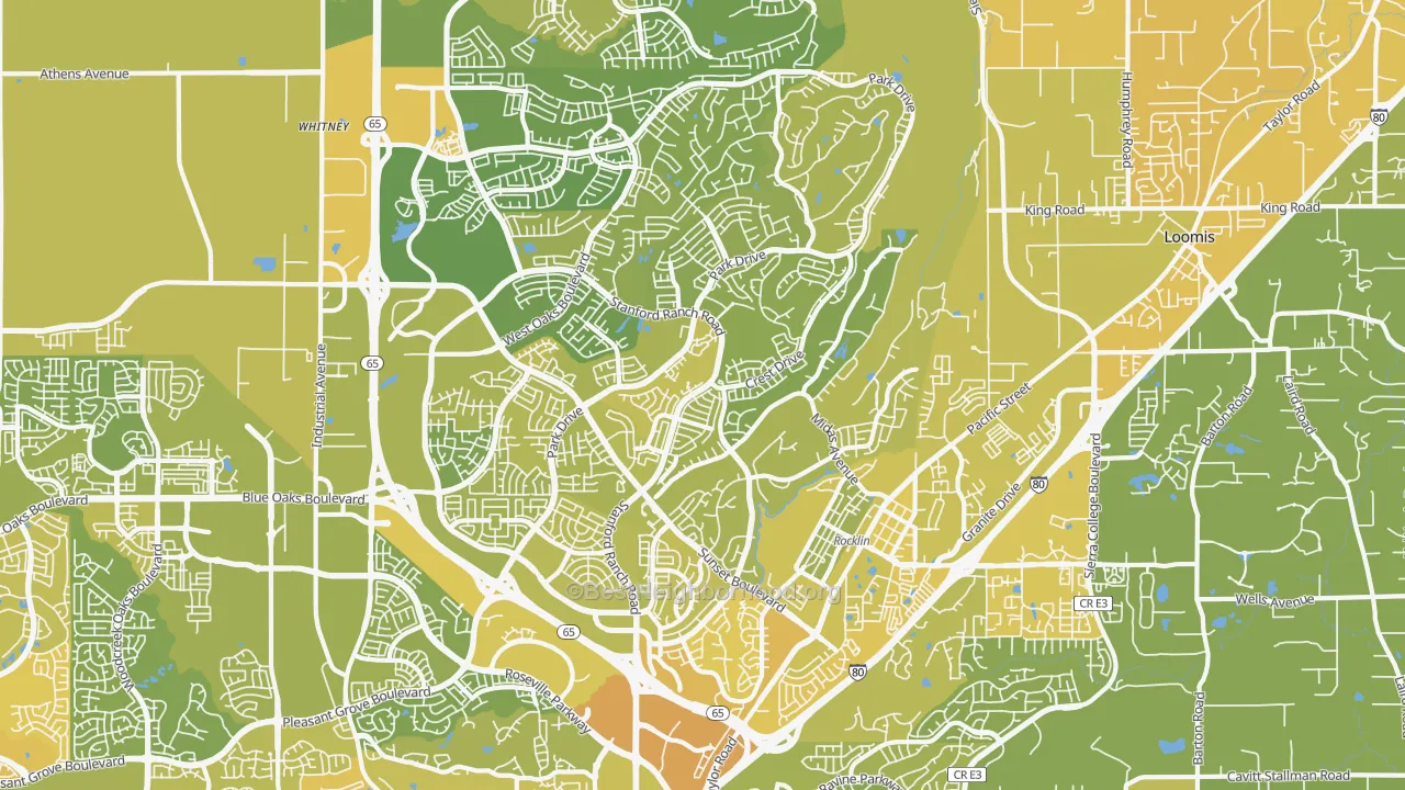 Map of the best neighborhoods in the Rocklin area, with better matches in green and worse matches in red