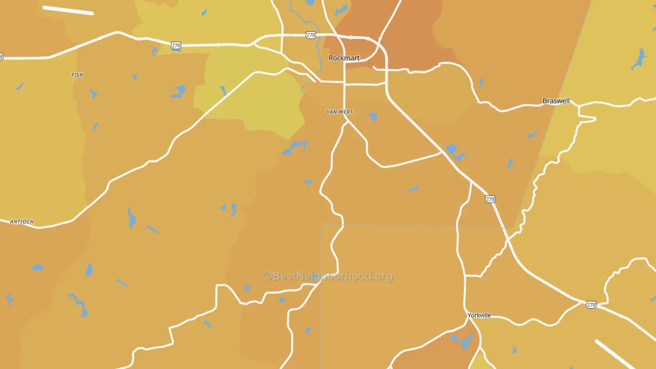 Map of the best neighborhoods in the Rockmart area, with better matches in green and worse matches in red