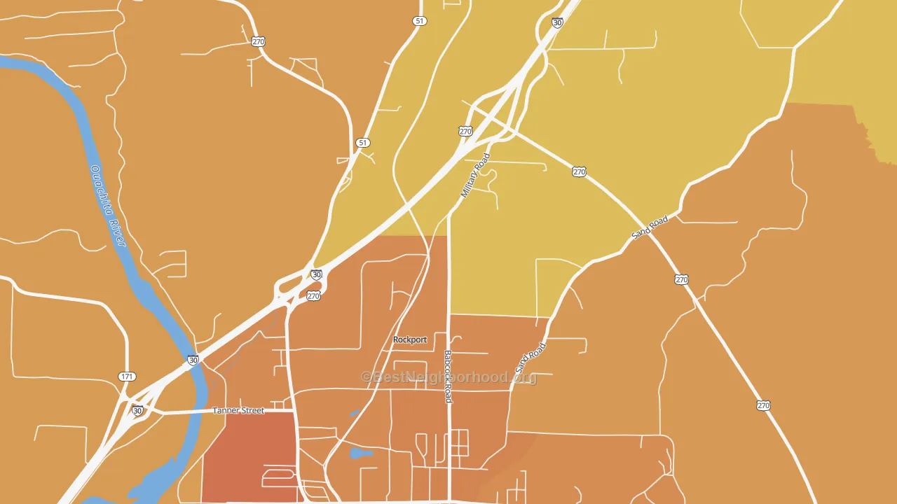 Map of the best neighborhoods in the Rockport area, with better matches in green and worse matches in red