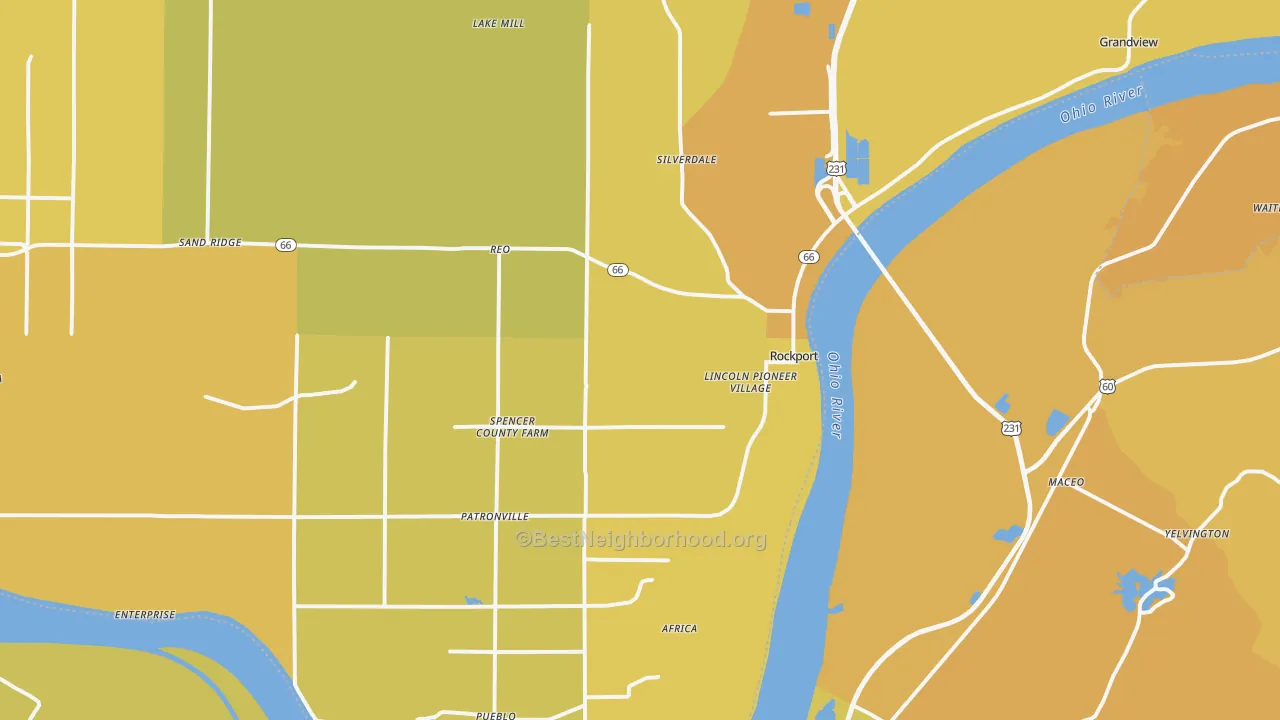 Map of the best neighborhoods in the Rockport area, with better matches in green and worse matches in red