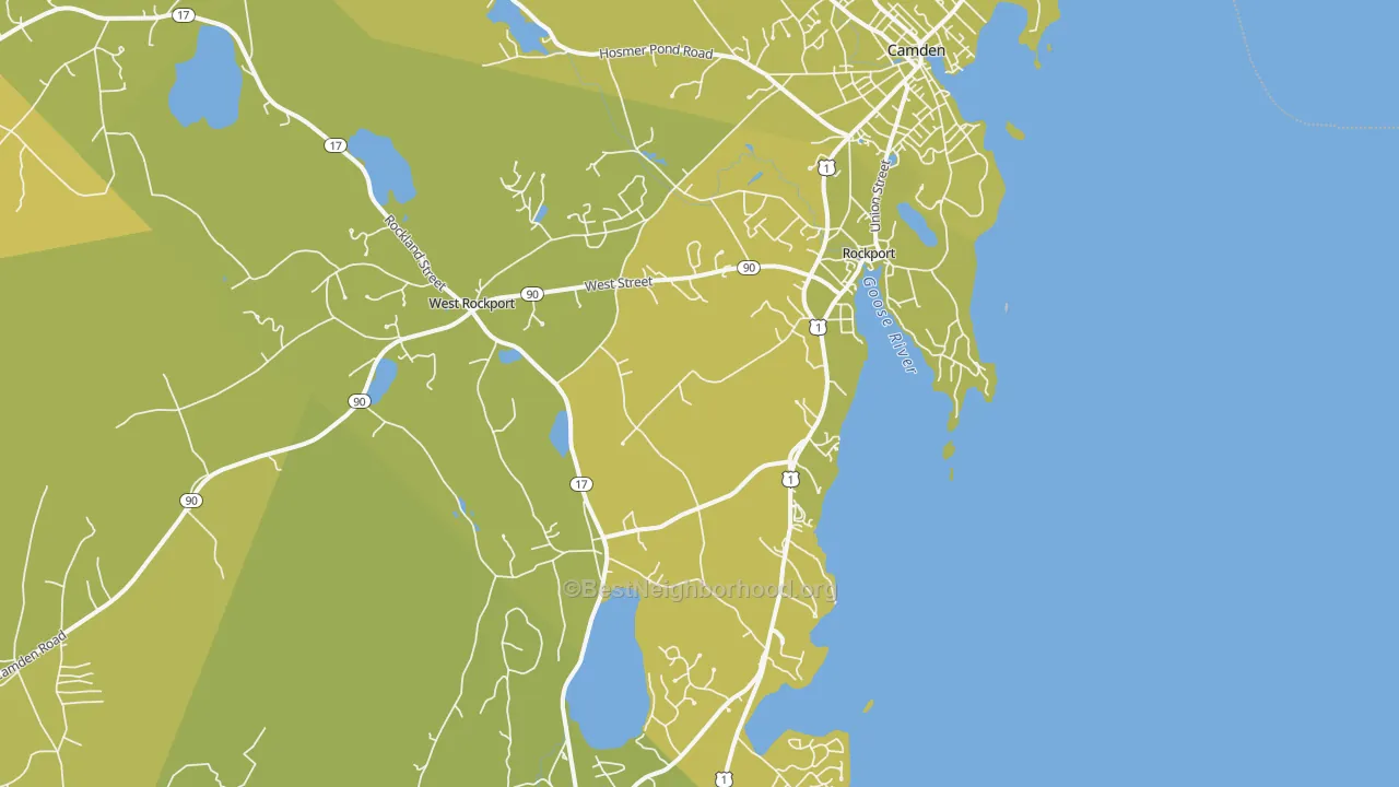 Map of the best neighborhoods in the Rockport area, with better matches in green and worse matches in red