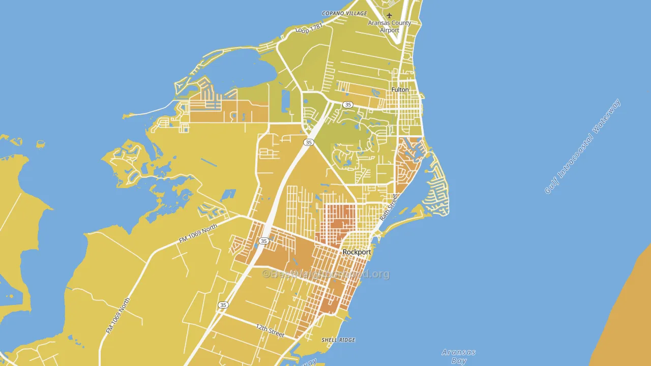 Map of the best neighborhoods in the Rockport area, with better matches in green and worse matches in red