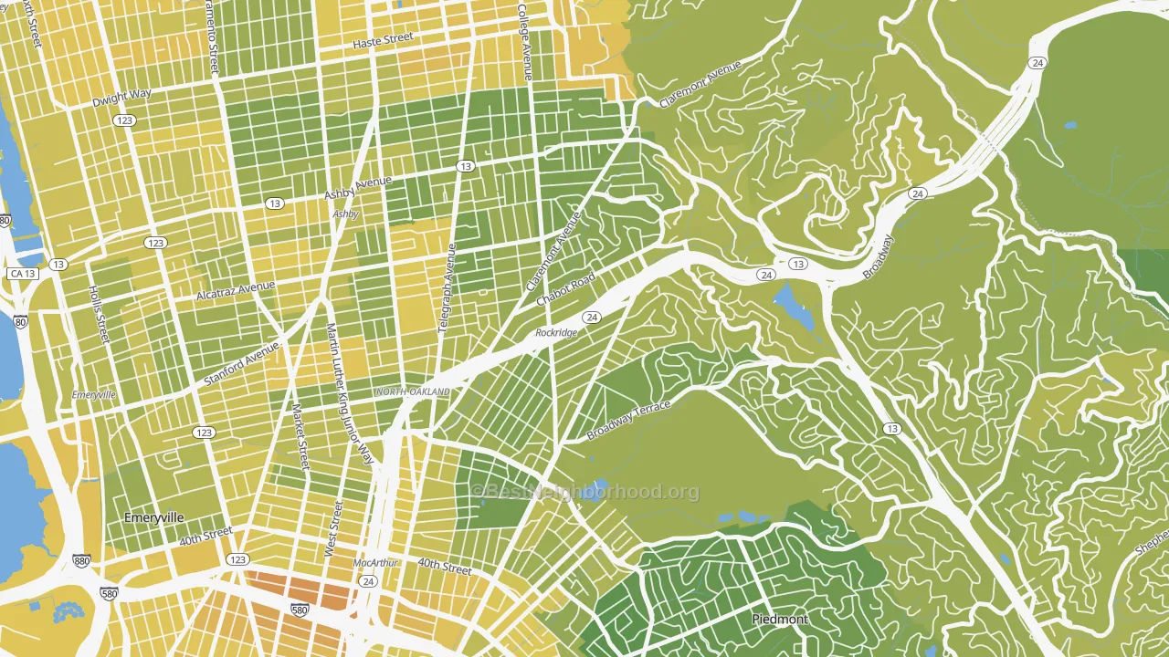 Map of the best neighborhoods in the Rockridge, Oakland area, with better matches in green and worse matches in red
