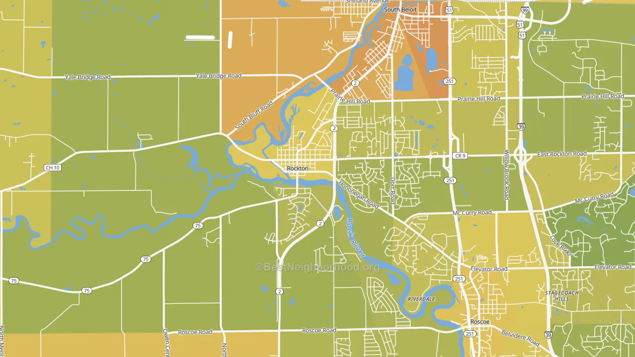 Map of the best neighborhoods in the Rockton area, with better matches in green and worse matches in red