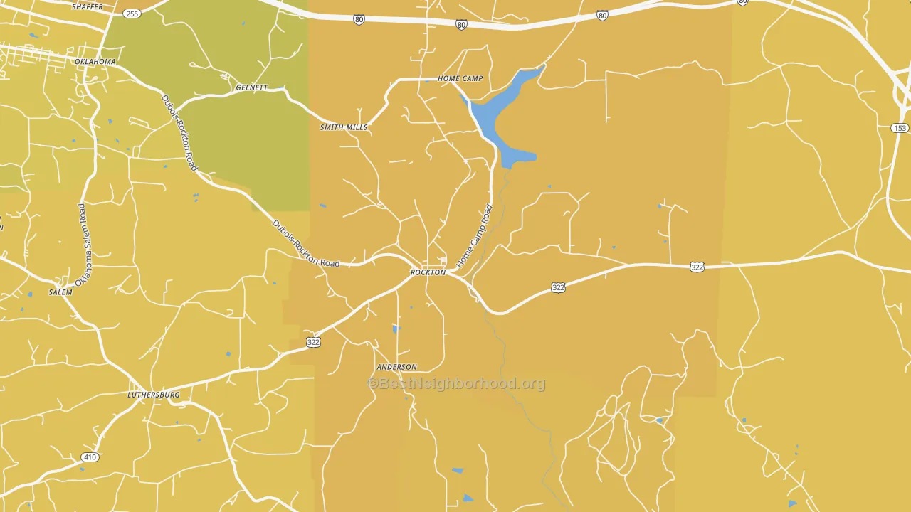 Map of the best neighborhoods in the Rockton area, with better matches in green and worse matches in red