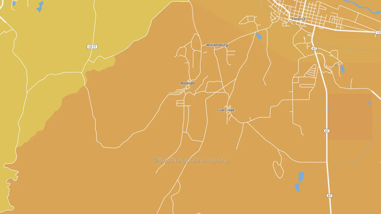 Map of the best neighborhoods in the Rockvale area, with better matches in green and worse matches in red