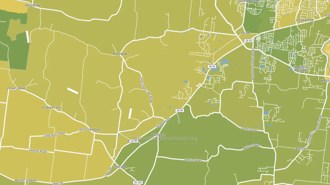 Map of the best neighborhoods in the Rockvale area, with better matches in green and worse matches in red