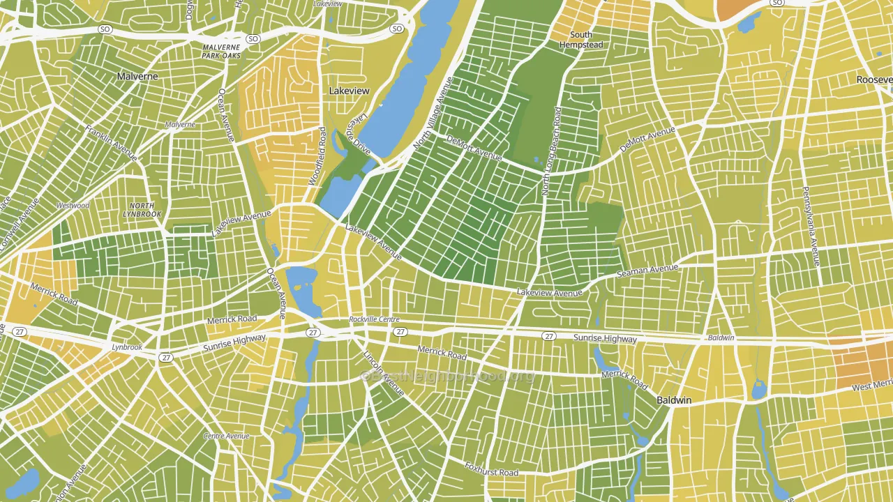 Map of the best neighborhoods in the Rockville Centre area, with better matches in green and worse matches in red