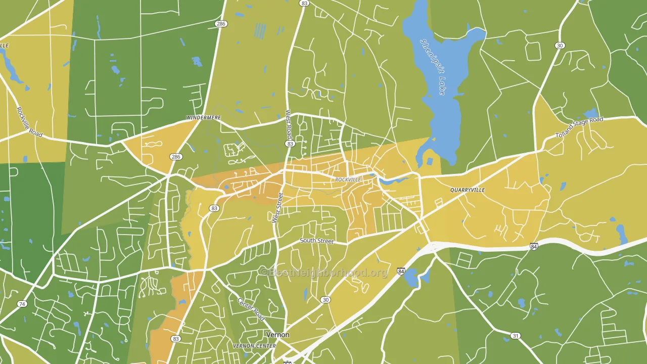 Map of the best neighborhoods in the Rockville area, with better matches in green and worse matches in red