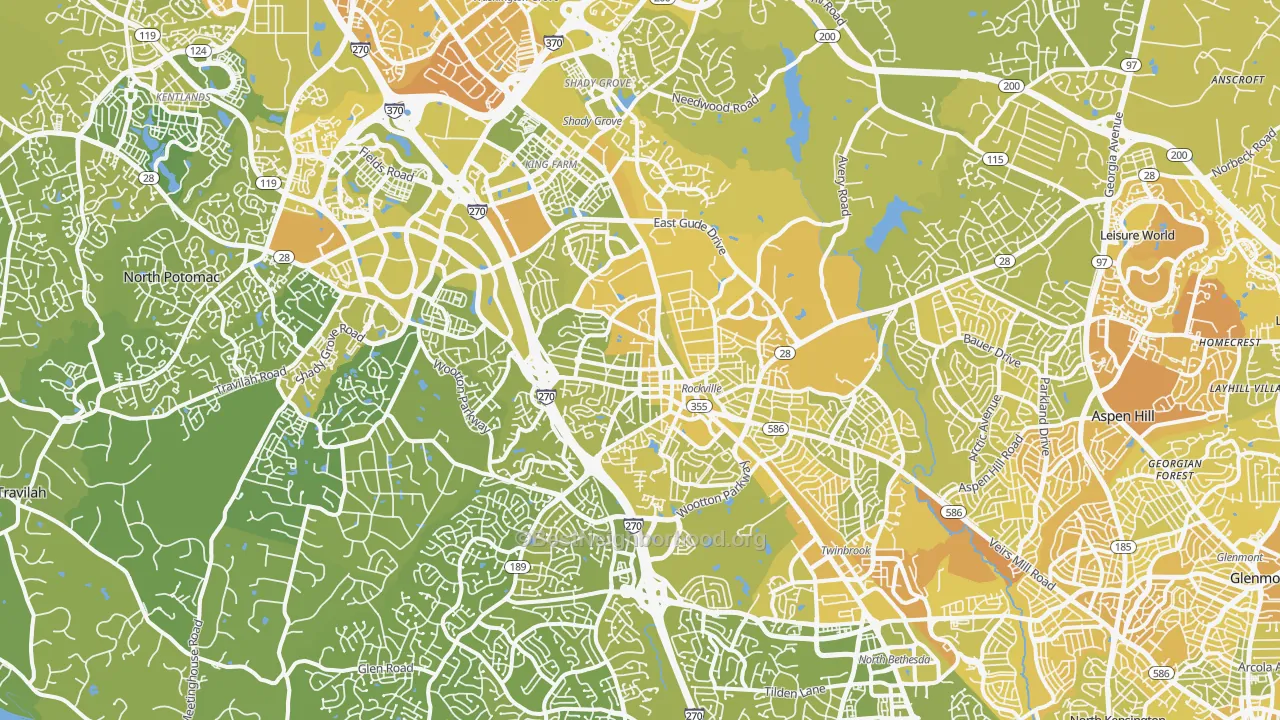 Map of the best neighborhoods in the Rockville area, with better matches in green and worse matches in red