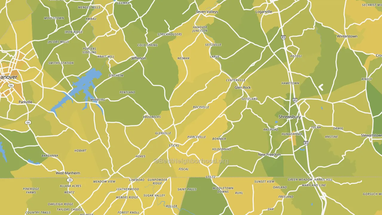 Map of the best neighborhoods in the Rockville area, with better matches in green and worse matches in red
